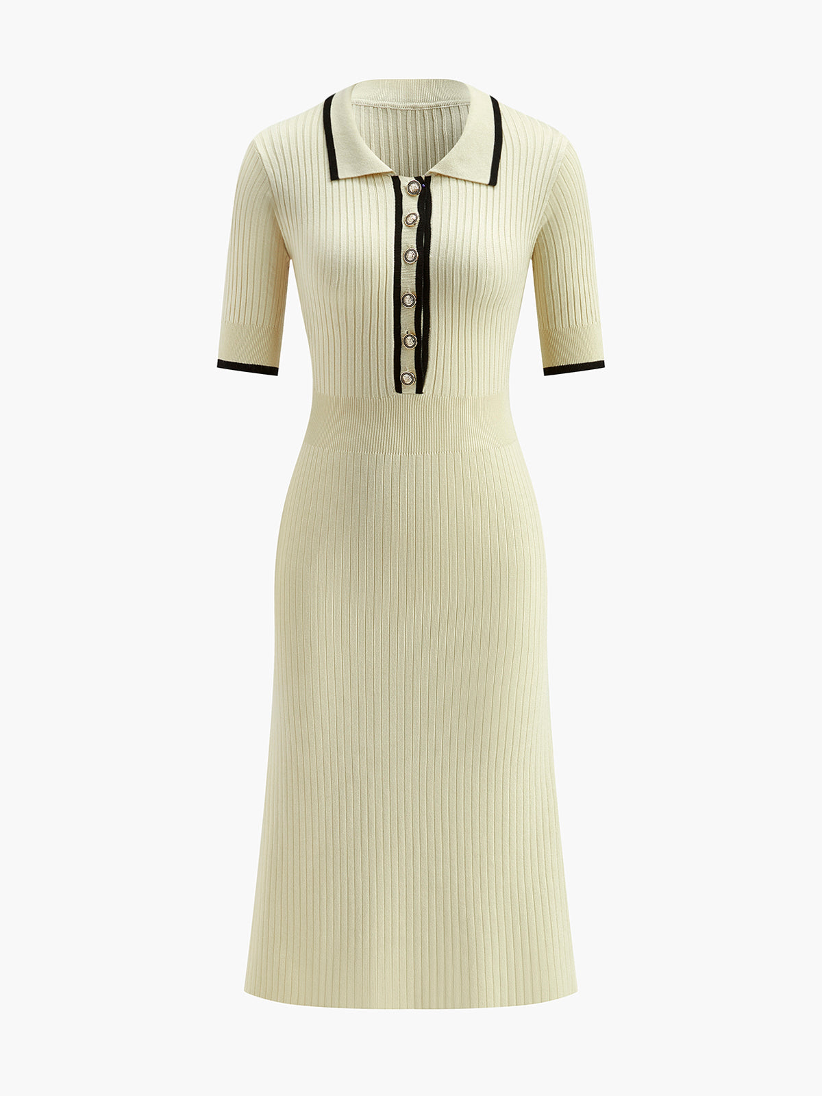 Contrast Trim Collared Rib Knit Short Sleeve Midi Dress | COMMENSE Contrast Trim Collared Rib Knit Short Sleeve Midi Dress | COMMENSE