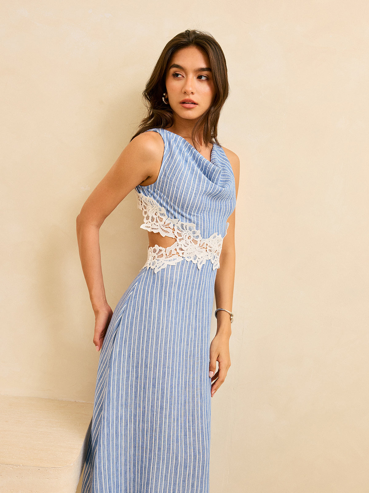 Striped Backless Dress with Lace Detail | COMMENSE Striped Backless Dress with Lace Detail | COMMENSE