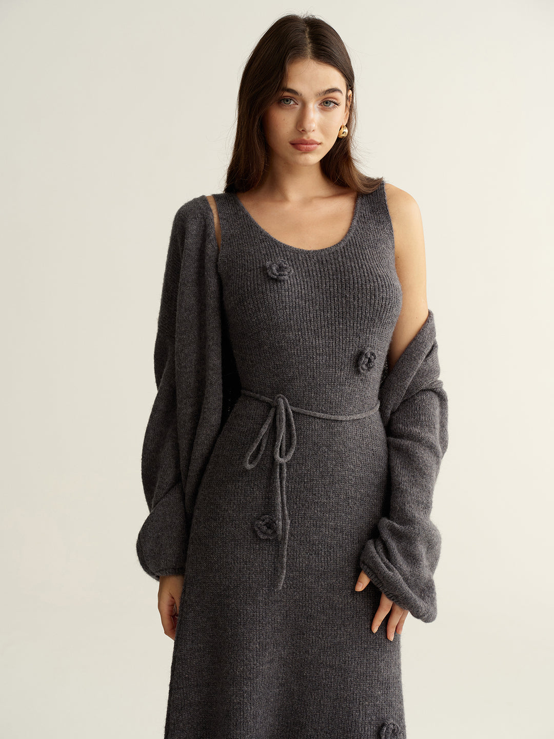 3D Floral Knit Dress & Cardigan Two-Piece Set | COMMENSE