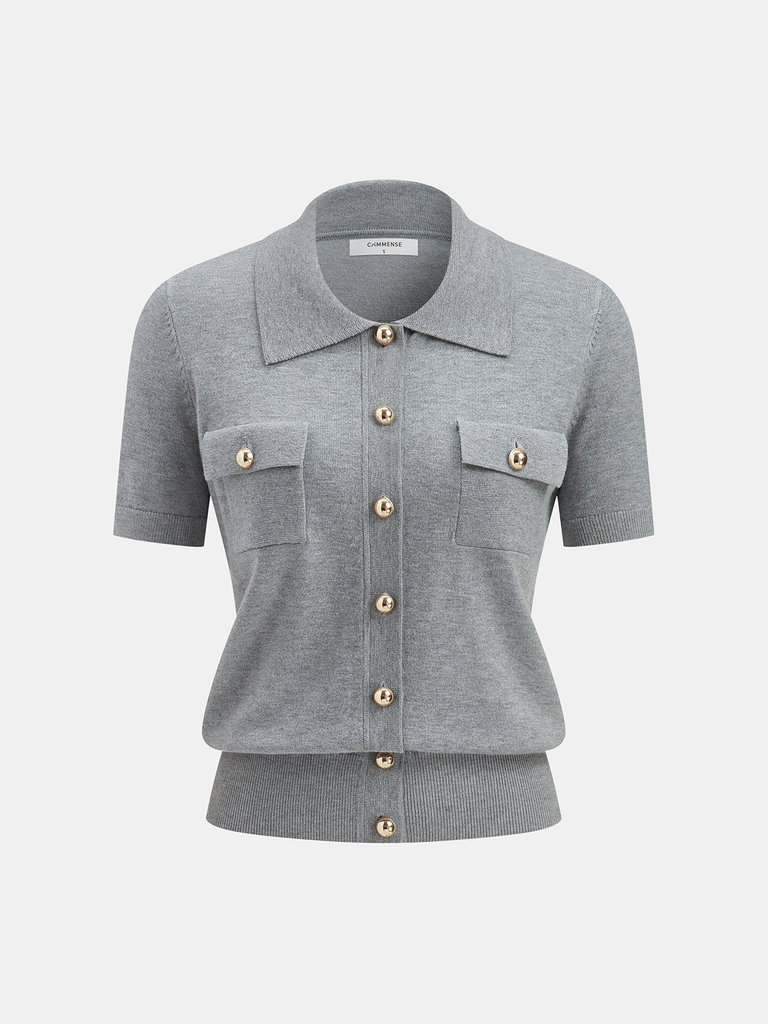 Metal Button Wool-Blend Collared Knit Cardigan | COMMENSE